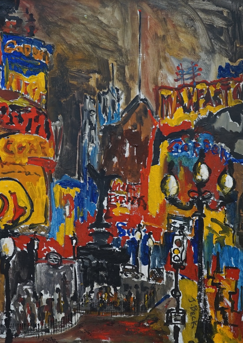J. Beck, contemporary oil on canvas, Abstract street scene with lamp posts, signed, 55 x 40cm. Condition - good